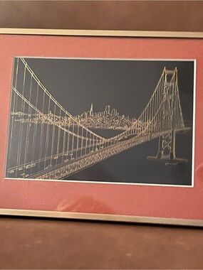 Signed Paul Van De Pol Brass Etching Framed Golden Gate Bridge